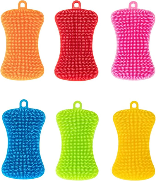 Silicone Sponge Dish Washing Kitchen Scrubber, 6 Pack Reusable Dish Washing Cleaning Sponges Double-Sided Multipurpose Non Stick Silicone Dish Sponges for Dishes, Fruit, Vegetable （Multicolor） by Qaeoity