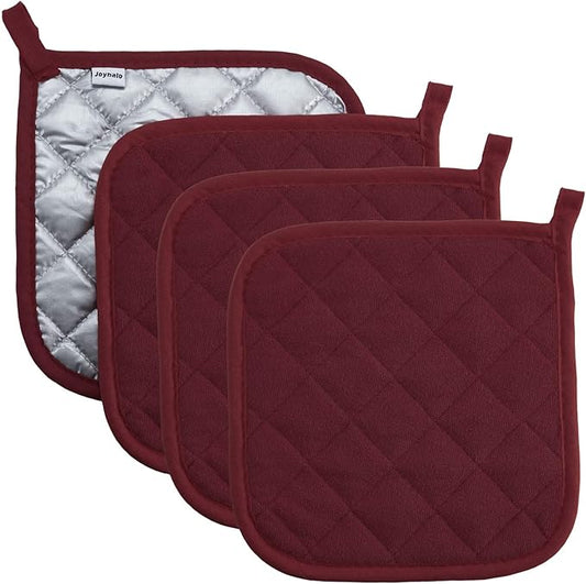 Joyhalo 4 Pack Pot Holders for Kitchen,Cotton Oven Holder with Great Heat Resistance,Non Slip Hot Pads for Kitchen Clearance,Dark Red by Joyhalo