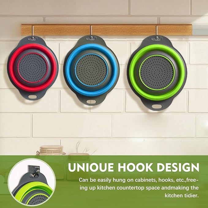 Silicone Colander Collapsible Strainers Set for Kitchen- 3 Pack (3Qt, 4Qt,5Qt) -Over Home Draining Basket, Food Vegetables & Fruits-Dishwasher Safe, BPA Free Space Saving Design (Green,Blue,Red) - Image 7