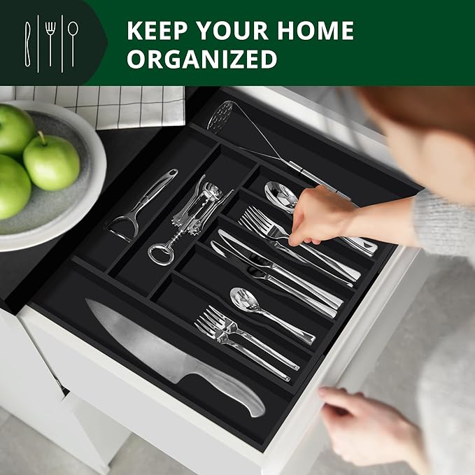 ROYAL CRAFT WOOD Luxury Bamboo Kitchen Drawer Organizer - Silverware Organizer - Utensil Holder and Cutlery Tray with Grooved Drawer Dividers for Flatware and Kitchen Utensils (9 Slot, Black) - Image 4