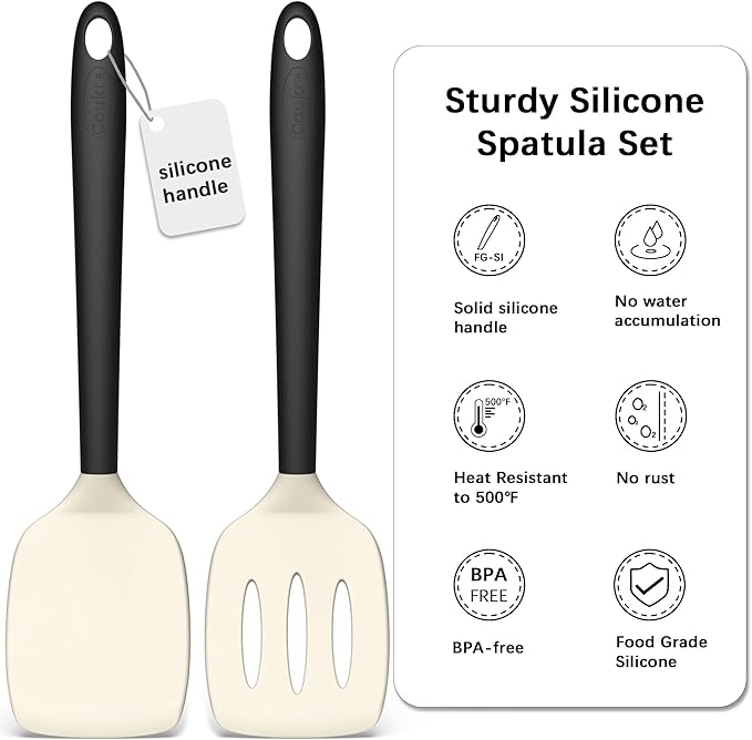 Coukre 2 Pack Silicone Spatula Set, High Heat Resistant, BPA Free Kitchen Spatula, Solid & Slotted Turner for Non-Stick Pans, Sautéing, and Flipping (2, BeigeBlack) - Image 3