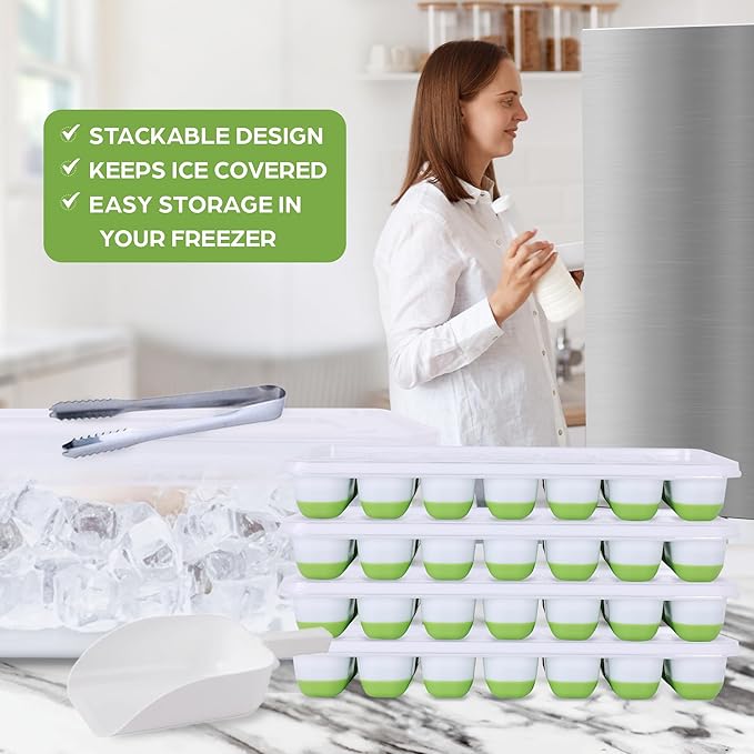 Ice Cube Tray Set – 4 Silicone Trays with Lids, Ice Bucket, Scooper & Tongs – Reusable BPA-Free Ice Maker for Freezer, Cocktails, Whiskey, Coffee, Baby Food & Kitchen Storage - Image 6