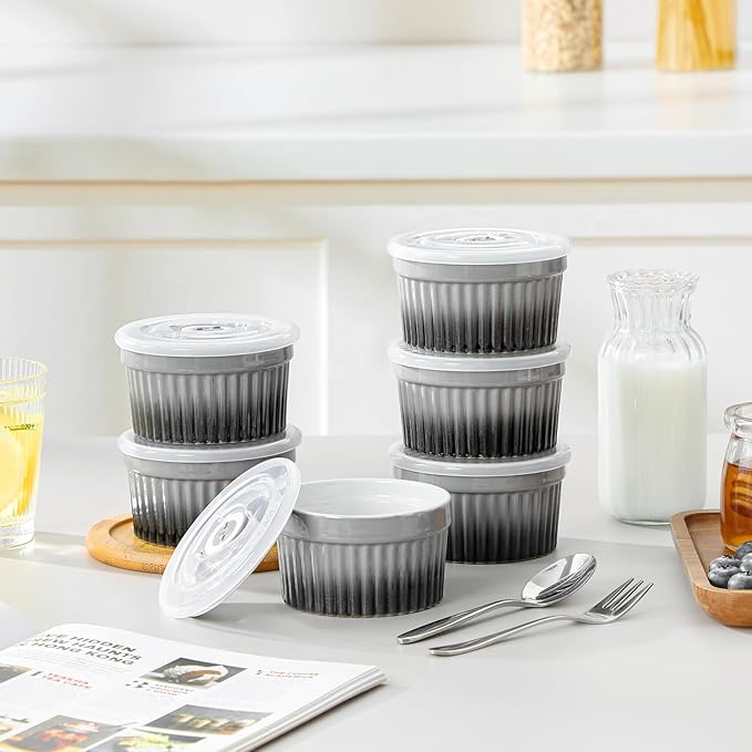 vancasso 6 oz Ramekins with Lid, Porcelain Creme Brulee Souffle Dishes,Set of 6, Grey Pudding Custard Cups Ramiken for Baking, Dishwasher and Oven Safe - Image 6