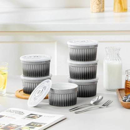 vancasso 6 oz Ramekins with Lid, Porcelain Creme Brulee Souffle Dishes,Set of 6, Grey Pudding Custard Cups Ramiken for Baking, Dishwasher and Oven Safe - Image 6