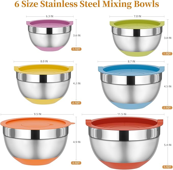 Fyrnova Mixing Bowls with Lids Set, 6 Piece Stainless Steel Nesting Storage Bowls for Kitchen, with 3 Grater Attachments & Non-Slip Bottoms, Size 5.5,3.5,2.5,2.1,1.5,1.1 QT - Image 2