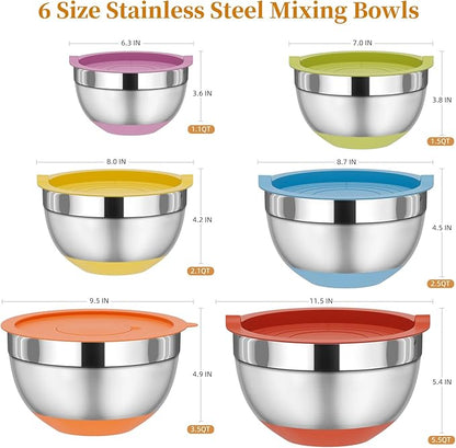 Fyrnova Mixing Bowls with Lids Set, 6 Piece Stainless Steel Nesting Storage Bowls for Kitchen, with 3 Grater Attachments & Non-Slip Bottoms, Size 5.5,3.5,2.5,2.1,1.5,1.1 QT - Image 2