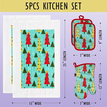 Oven Mitts and Potholders Dish Towles Set 100% Cotton for Perfect for Gifting, Baking and Everyday Cooking Durable Heat Resistant for Kitchen (5-Piece Christmas Tree) - Image 5