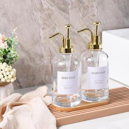 Glass Soap Dispenser with Pump, Dish and Hand Soap Dispenser for Kitchen Bathroom Set, Clear Glass Dispenser Set of 2 Pack with 18 Stickers Funnel Bamboo Tray 500ml 18oz / Each Bottle Gold Pump - Image 2