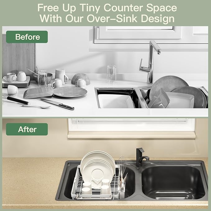 MAJALiS Dish Drying Rack Over The Sink, Expandable Stainless Steel Dish Drainer for Small Kitchen Counter Space Saving, RV Compact Plate Strainer in White Metal with Hanging Adjustable Utensil Holder - Image 2