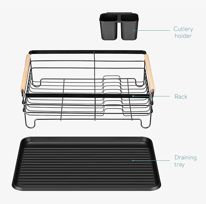 Navaris Dish Drainer Rack - Plate, Silverware, Pots and Pans Drying Rack for Kitchen with Beechwood Handles - Modern Retro Design Drip Tray - Black - Image 5