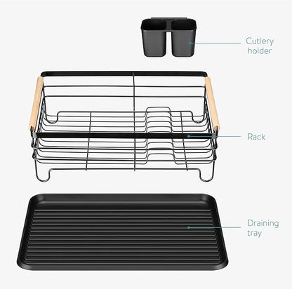 Navaris Dish Drainer Rack - Plate, Silverware, Pots and Pans Drying Rack for Kitchen with Beechwood Handles - Modern Retro Design Drip Tray - Black - Image 5