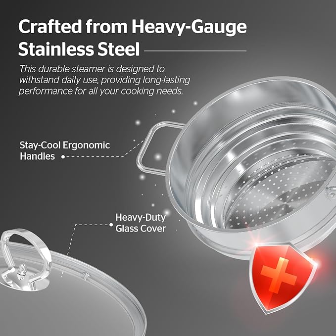 SUNHOUSE 5 Quart Stainless Steel Steamer Insert – Multi-Purpose Soup & Food Steamer with Stay-Cool Handles & Heavy-Duty Glass Lid – Fits Various Pot Sizes (8", 8.5", 9.5") - Image 3