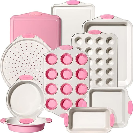Kikcoin 22 PCS Nonstick Baking Pans Set, Stackable Bakeware Sets with Silicone Handles, 450°F Oven Safe Baking Sheet Set, Easy Release Cookie Sheets for Baking, Pink by Kikcoin