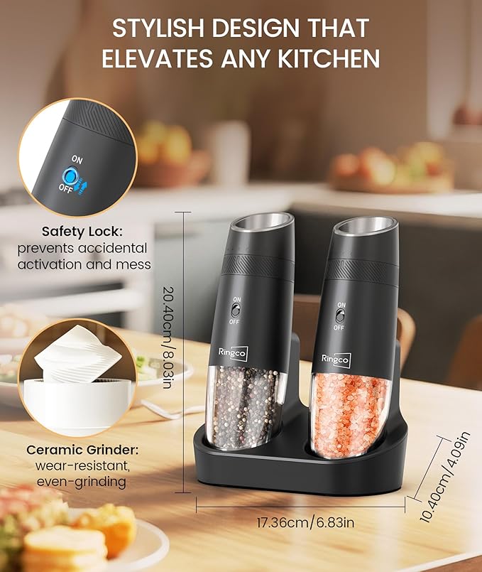 Gravity Electric Salt and Pepper Grinder Set with Charging Base, Automatic Gravity Salt and Pepper Mill with Adjustable Coarseness, LED Light, 135ml Large Capacity, Gifts for Women