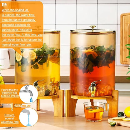 Honeydak 2 Pack 2 Gallon Each Amber Glass Drink Dispensers with Spigot, Gold Accent, Beverage Dispensers with Stand for Lemonade Juice Water Iced Tea Cocktails