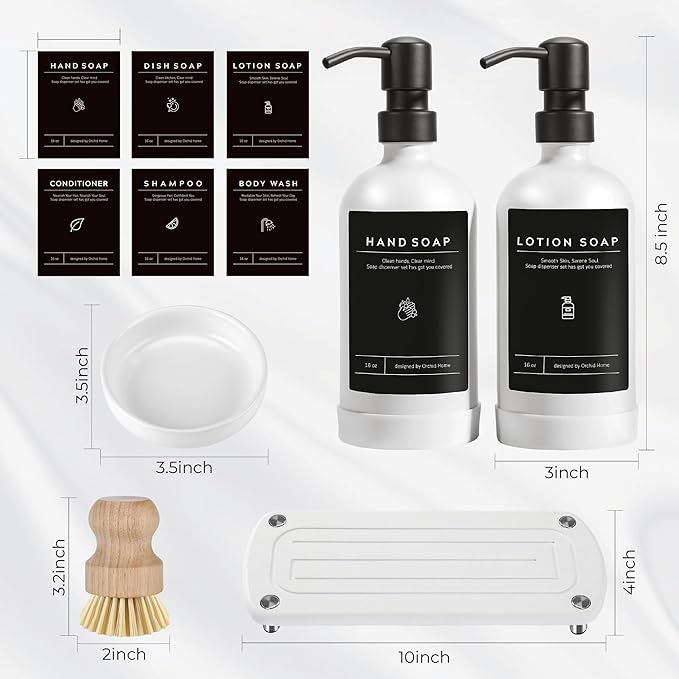 [Luxury] Kitchen Soap Dispenser Set - 16OZ White Glass Bottle, Stainless Steel Pump, Instant Dry Tray, Waterproof Labels, Non-Slip Silicone Pad, and Dish Brush | Upgrade for Your Kitchen and Bathroom - Image 6