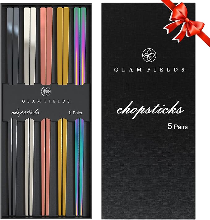 GLAMFIELDS Metal Chopsticks Reusable Chopsticks Dishwasher Safe Multipack Stainless Steel Japanese Style 5 Pairs Lightweight Chop Sticks Gift Set by GLAMFIELDS