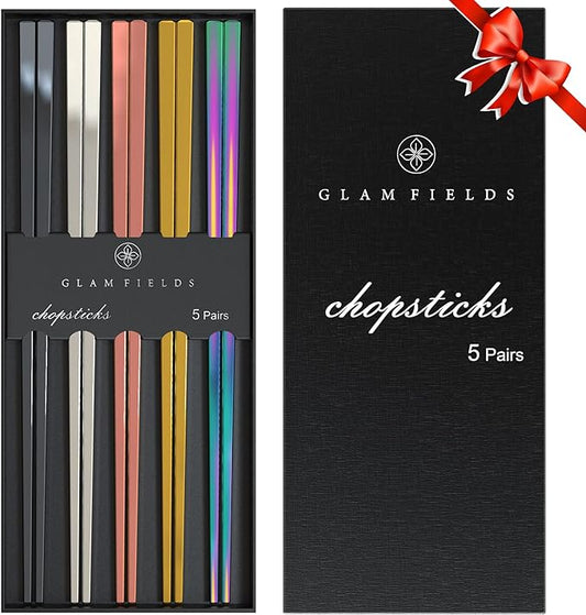GLAMFIELDS Metal Chopsticks Reusable Chopsticks Dishwasher Safe Multipack Stainless Steel Japanese Style 5 Pairs Lightweight Chop Sticks Gift Set by GLAMFIELDS