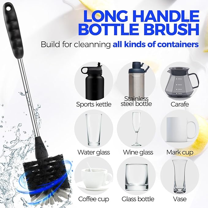 Holikme 5-Piece Bottle Brush Cleaner Set - 14" Stainless Steel Handle, 3 Straw Brushes, Cleans Water Bottles, Cups, Baby Bottles, Black & Grey - Image 2