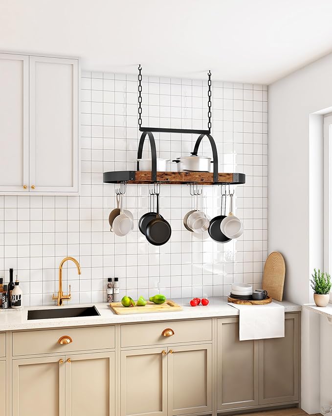 CHOEZON Hanging Pot Rack, Pot Hanger for Kitchen, Ceiling Mounted Pot Holder, Cookware Organizer with 12 S-Shaped Hooks, for Pot, Pan Storage, Space-Saving, Rustic Brown and Black TPR08BFC1 - Image 2