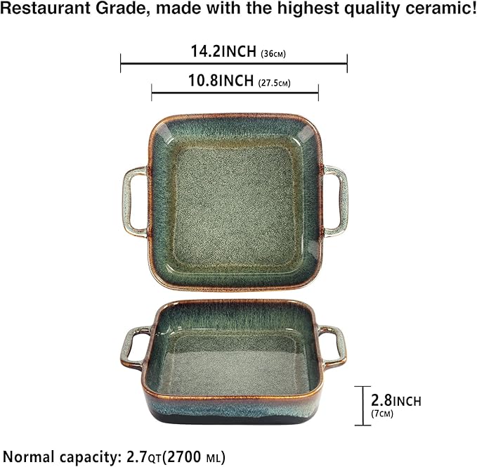 10" x 10" Porcelain Square Casserole Dishes - Baking Dish for Oven, 2.7 QT Ceramic Lasagna Pans, Oven Safe Bakeware for Kitchen Cooking, Cake, Banquet and Dinner