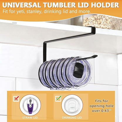 Tumbler Lid Organizer 2 Pack Tumbler Lid Storage Hook Up to 20 Lids, Space Saving Cup Lid Holders Under Cabinet Tumbler Lid Hanger for Kitchen Storage, Horizontal Paper Towel Hanger (Black)