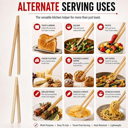 HIC Kitchen Toast Tong Set, Natural Bamboo, 4-Piece Set, Includes 2 Each 6.5 and 12-Inch Tongs