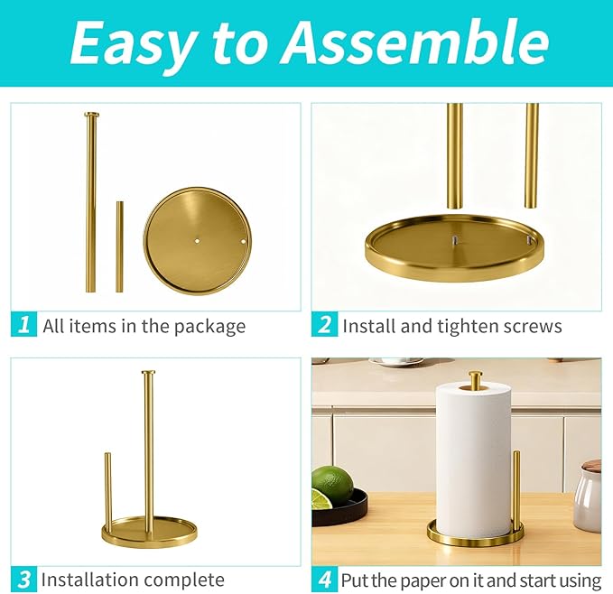 Paper Towel Holder Countertop, Standing Paper Roll Holder with Anti Slip Weighted Base, Stainless Steel Freestanding Paper Towel Holder for Kitchen, Gold - Image 6
