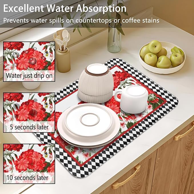 Dish Drying Mat for Kitchen Counter 2 Pack with Non-Slip Rubber Backing - Heat-Resistant Absorbent Coffee Bar Mat, Dish Rack Mat, Red Geranium Dish Drying Mats 18x24+19.5x12 inch