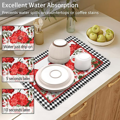 Dish Drying Mat for Kitchen Counter 2 Pack with Non-Slip Rubber Backing - Heat-Resistant Absorbent Coffee Bar Mat, Dish Rack Mat, Red Geranium Dish Drying Mats 18x24+19.5x12 inch
