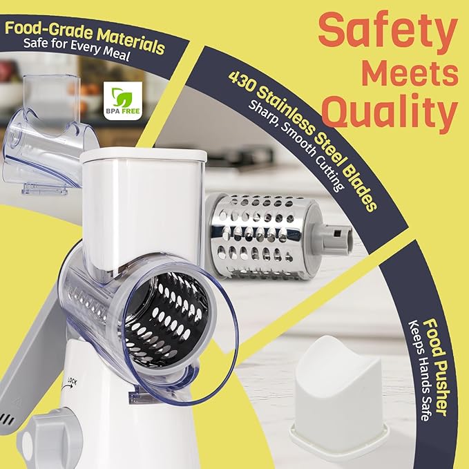 Rotary Cheese Grater Hand Crank, 3 Blades Slicer Shredder, Cheese Grater for Kitchen, Multi-Functional Kitchen Tool for Vegetables, Nuts, Chocolate, with Strong Suction Base, White - Image 7
