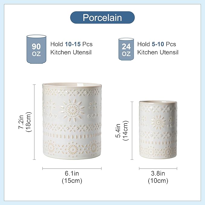 LOVECASA Utensil Holder, 7.2"+5.4" Ceramic Utensil Holder for Countertop, Large Cooking Utensil Crocks for Kitchen Counter, Farmhouse Utensil Vase for Housewarming, Kitchen Decor, Set of 2, Oasis - Image 2