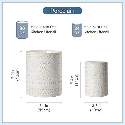 LOVECASA Utensil Holder, 7.2"+5.4" Ceramic Utensil Holder for Countertop, Large Cooking Utensil Crocks for Kitchen Counter, Farmhouse Utensil Vase for Housewarming, Kitchen Decor, Set of 2, Oasis - Image 2