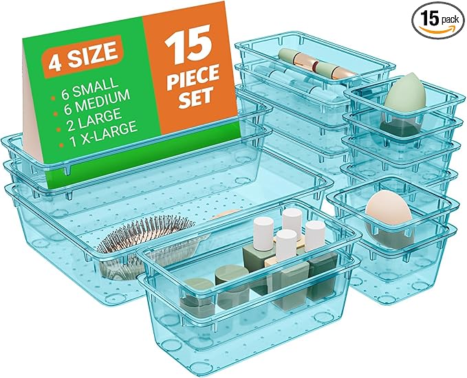 SpaceHacks 15 PCS Clear Plastic Drawer Organizer Set, 4-Size Acrylic Drawer Storage Trays, Storage Bins for Makeup, Gadgets, and Jewelry in Bathroom, Bedroom and Office, Clear Sea Blue by SpaceHacks