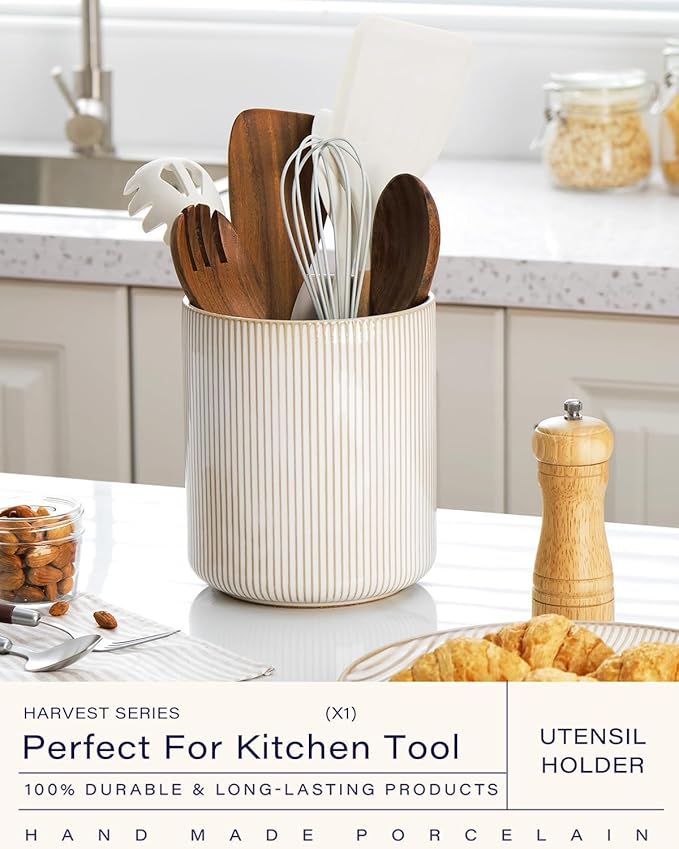 getstar Large Utensil Holder for Kitchen Counter,7.2" Vintage Ceramic Utensils Crocks Utensil Organizer for Spatula Farmhouse Kitchen Decor - Image 2