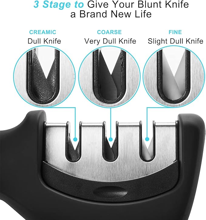 Elite Kitchen Knife Sharpener with 3 Stages, Professional Manual Blade Sharpening System, Ceramic Stone, Tungsten Carbide Plates, Diamond rods, Ergonomic Handle, Non-Slip Base,Stylish Black - Image 4