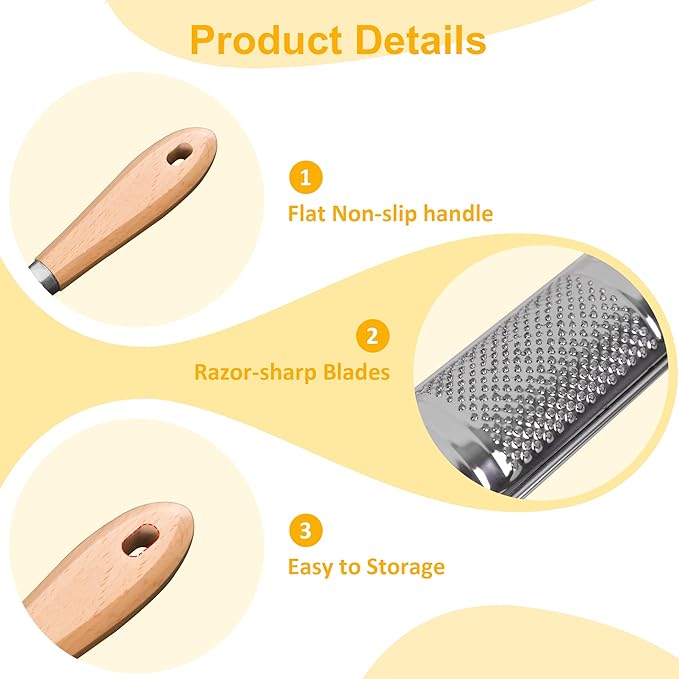 Handheld Cheese Graters with Cleaning Brush Stainless Steel Vegetable Grater with Wood Handle Multifunctional Kitchen Food Shredder for Chocolate Butter Nuts Ginger (Wooden Handle) By beardo decor - Image 3