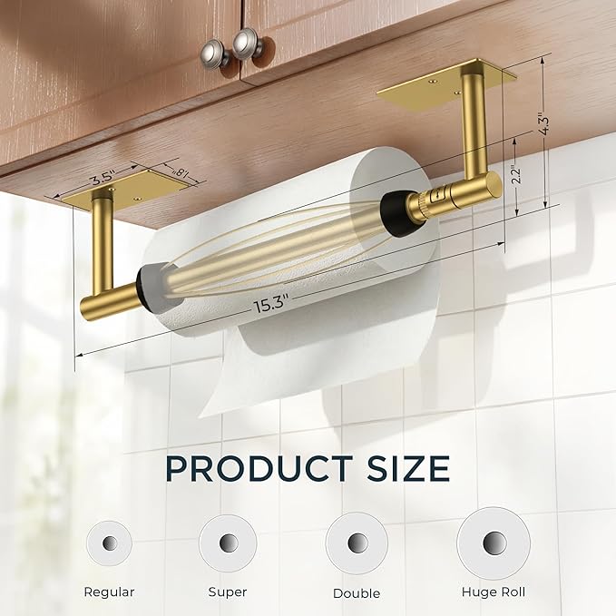 FORIOUS Paper Towel Holder Under Cabinet, Single Hand Operable with Adjustable Damping for Easy Tear, Adhesive or Drill Wall Mount, 304 Commercial Paper Towel Holder for Kitchen Bathroom, Brushed Gold - Image 7