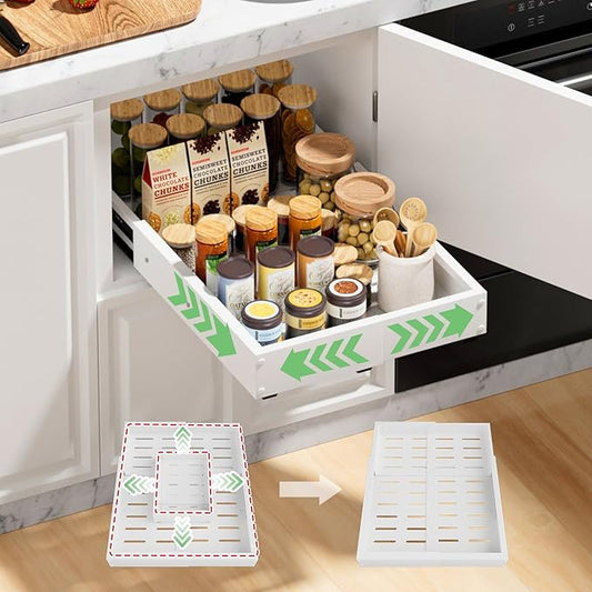 1 Pack Pull out Cabinet Organizer, Width (10"-16") Depth (17"-25"), with 3 Rails Adjustable Slide, Expandable Pullout Drawers for Cabinets, No Drill Adhesive Kitchen Drawers for Pantry Shelves by BUFOR