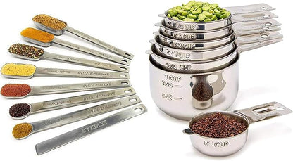 Measuring Cups and Spoons Set of 15, Stackable Cups, Long Handle with Leveler Fits Narrow Jars, 304 Premium Stainless Steel, Kitchen Gadgets for Liquid & Dry Ingredients Cooking Baking by SimplyGourmet