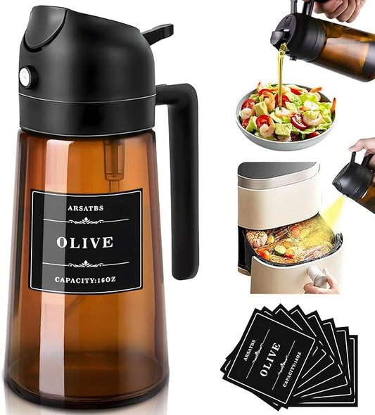 16oz/470ml Olive Oil Sprayer for Cooking, 2 in 1 Oil Dispenser Bottle Spray and Pour with Stickers, Premium Dark Brown Glass Oil Bottle for Air Fryer and Salad