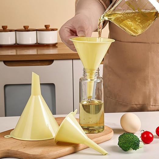 Plastic Kitchen Funnel Set of 3, Round Kitchen Funnels for Filling Bottles, Durable and Multifunctional Funnels for Filling Canning, Cooking, Lab or Car Oil (Milk Yellow) - Image 5