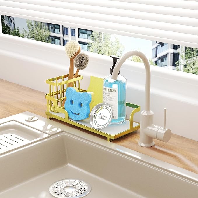 Consumest Sponge Holder for Kitchen Sink - Sink Caddy Organizer with Water Absorbing Stone Tray, Detachable Brush Holder, Stainless Steel Kitchen Counter Organizer Rack, Gold - Image 6