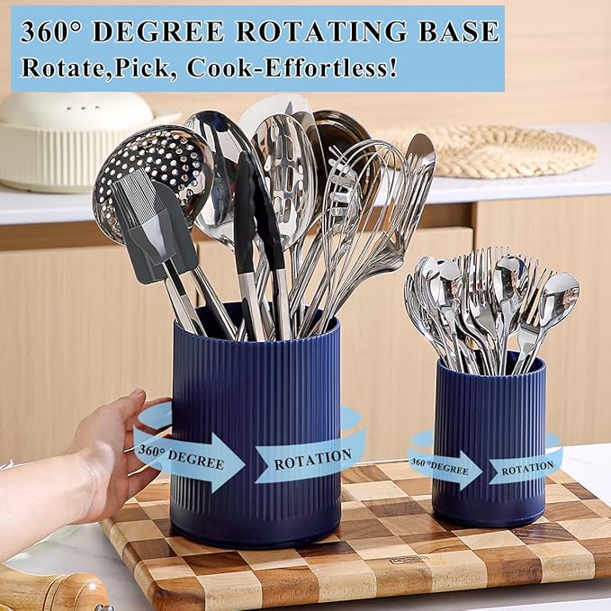 Kyraton Cooking Utensils Holder 2pcs, 360° Rotating Heavy Duty Plastic Kitchen Utensil Holder for Countertop, The Small Utensil Crock for Cutlery Silverware, Tooth Brush, Desk Pencil Pen - Image 3