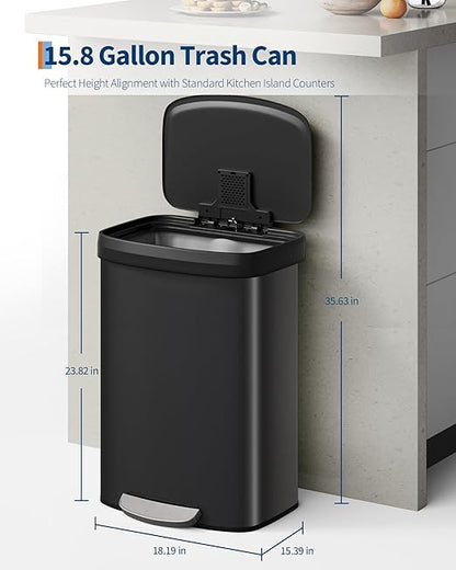 Garvee 16 gal / 60 L Metal Trash Can with Lid, Large Garbage Can for Kitchen, Rustproof Step-on Kitchen Metal Trash Bin with Liner Rim, Rear Handle, Soft Close Plastic Lid, Black - Image 2