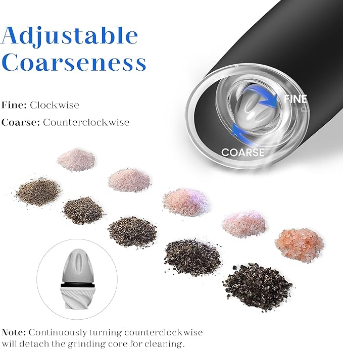 UNNEES Rechargeable Electric Salt and Pepper Grinder Set, Gravity Activated, Adjustable Coarseness, LED Light, USB Charging, Ceramic Core, 150ml Transparent Hopper, Black - Image 5