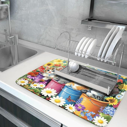 Lovely Cat Drying Mat for Kitchen Counter Colorful Flower Absorbent Coffee Bar Mat 18 X 24 - Image 5