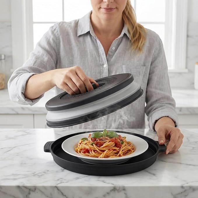 Microwave Food Cover With Handle - Collapsible And Vented Silicone Splash Guard With Tray - For Microwave Food Heating-Splash Guard Can Be Used As a Draining Basket For Washing Vegetables (Black)