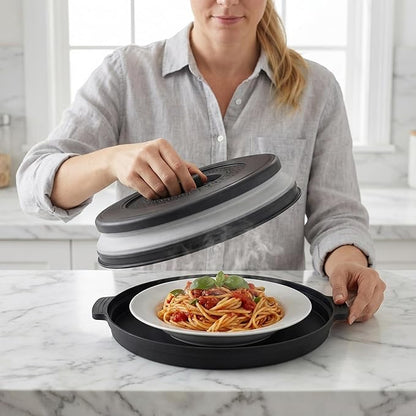 Microwave Food Cover With Handle - Collapsible And Vented Silicone Splash Guard With Tray - For Microwave Food Heating-Splash Guard Can Be Used As a Draining Basket For Washing Vegetables (Black)
