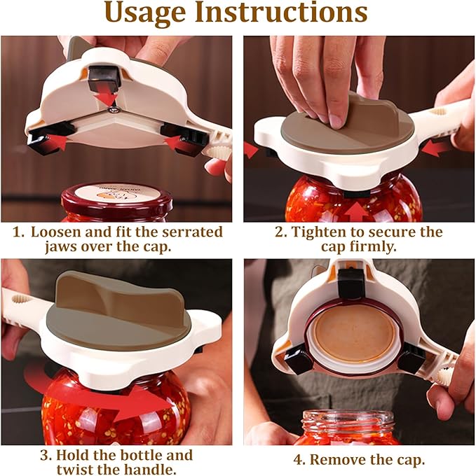 2026 Adjustable 4‑in‑1 Jar Opener with Red Wine Corkscrew & 2 Can Opener, Jar Opener for Seniors and Weak Hands, Perfect for Kitchen Jars, Bottles & Beer Caps (Beige)